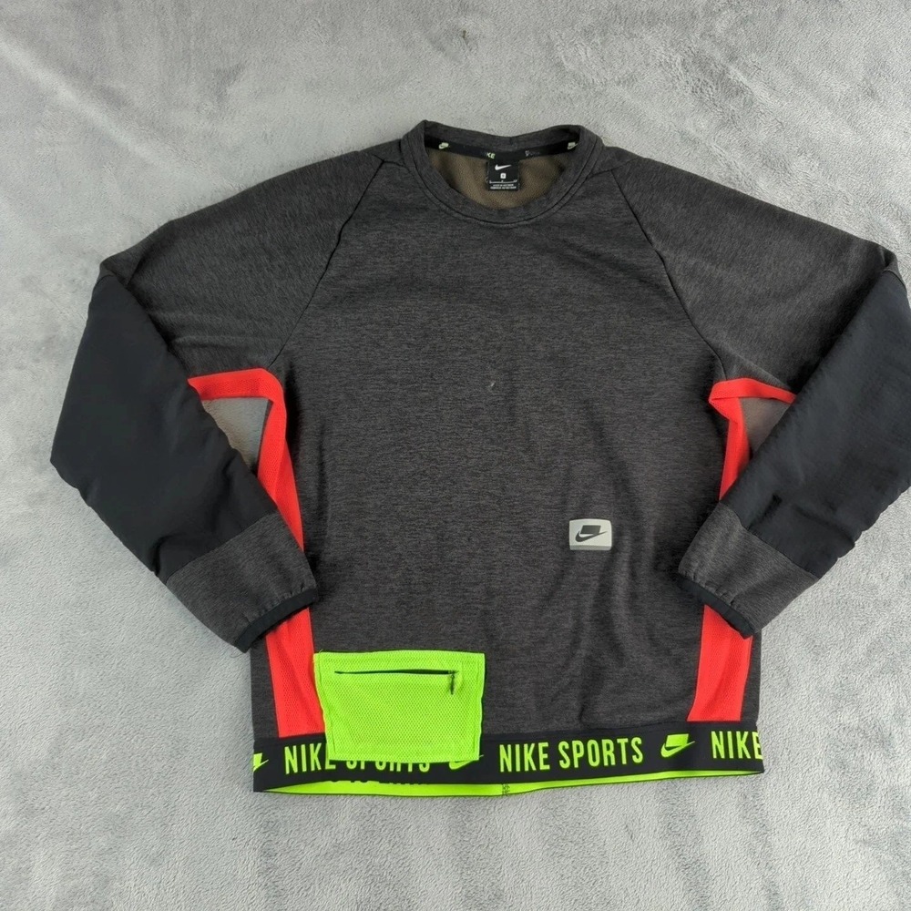Nike Sports Sweatshirt Mens Small Gray Black Color Block Pullover Polyester Logo